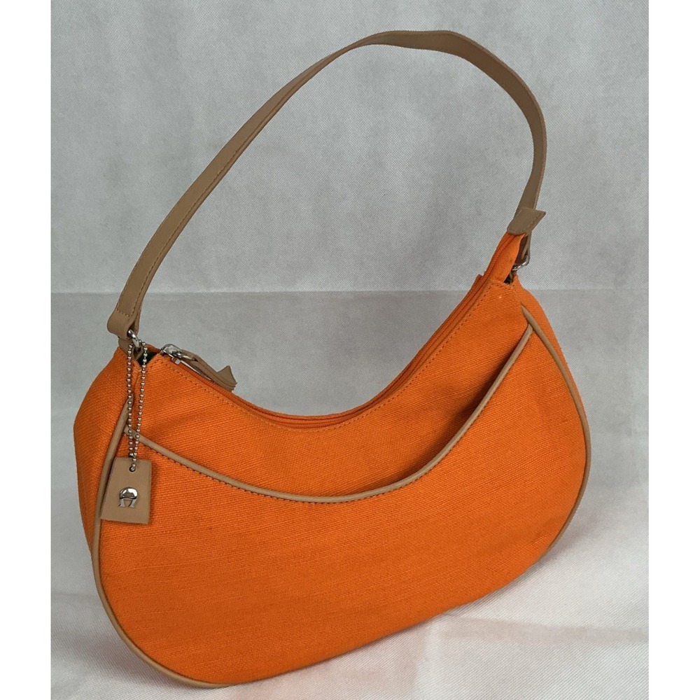 Vintage Etienne Aigner Orange Canvas Hobo Shoulder Bag Camel Trim Y2K 25726